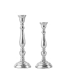 2er Set Kerzenständer Kerzenhalter Aluminium Silber Deko - Kerzenleuchter Modern für Stabkerzen - Tischdeko Hochzeit - Dekoration Wohnzimmer - H 27 und 31 cm