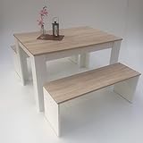 Möbel SD Esstisch Gruppe Sonoma Eiche hell Sägerau -Weiß 3teilig Tisch 110x70 +2 Bänke