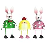 WIAZZLUK 3X Dekohase Hühner aus Metall, Ostern Deko, Osterhasen in Bunten Farben zur Oster Deko, Dekofiguren zur Osterdekoration, 3X Hase Hühner bunt Frühlingsdekoration