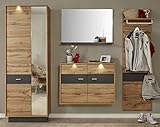 trendteam smart living Garderobe Garderobenkombination 4-teiliges Komplett Set Coast, 239 x 191 x 35 cm in Wotan Eiche Dekor, Absetzung Ablage Grau mit LED Beleuchtung