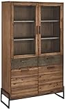 Furnhouse Ibbe Design Vitrine Vitrineschrank Braun Lackiert Massiv Akazie Holz Mallorca mit Glastüre und 2 Schubladen, 110x40x187 cm