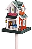 dobar® 25307FSC Buntes Vogelfutterhaus Restaurant - Vogelhaus inklusive Ständer Western Style - Kleine Vogelvilla aus Holz - Vogelfutterstation mit Futtersilo - 18 x 18 x 123 cm - Rot