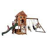 Backyard Discovery Spielturm Holz Atlantic | Stelzenhaus für Kinder mit Rutsche, Schaukel, Kletterwand | XXL Spielhaus / Kletterturm für den Garten