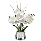 40CM Orchidee künstlich Weiss, Orchidee im Topf Silber, Kunst orchideen, Faux Orchidee Pflanze mit 14 Blüten, künstliche Orchidee Bonsai für Hochzeits deko Wohnzimmer Büro Schlafzimmer zimmerpflanzen