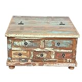 Casa Moro Shabby Chic Truhentisch Venezia 70x70x38 cm recyceltes massiv Holz mit 5 Schubladen | Couchtisch quadratisch | Vintage Wohnzimmertisch mit klappbarer Tischplatte | CAC120