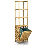 LIFEZEAL Hochschrank Bambus, Badregal mit Wäschekorb, Badschrank mit 3 offenen Fächer, Badezimmerregal 160cm hoch, Freistehender Hochschrank für Badezimmer, kleine Räume, Natur