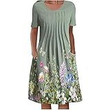 Sommerkleid Damen, Kleider Damen Sommer, Kleid Damen Elegant, Damen Sommer Casual Rundhals Kurzarm Falten Kleider mit Blumendruck Strandkleid Freizeitkleid