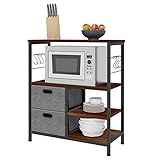 eSituro Küchenregal mit 2 Schubladen Bäckerregal mit 6 Haken Mikrowellenregal Bücherregal aus Holz Metall 70x81x30 cm Dunkelbuche SSTR0106