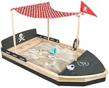 Piratenschiff Sandkasten aus Holz | Boot | Segelschiff | Sandkiste | Sandbox mit rotem Sonnensegel & Flagge, Abdeckung, Vlies Bodenplane, Kordel, Flaggenmast & Steuerrad für Kinder Anthrazit/Grau