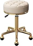 SHAWLA Barhocker Thekenhocker runder rollender Barhocker, Schönheitssalons, Theke, Make-up, Drehstuhl, Metall, verchromt, 5 Krallen und Rollen, verstellbar, 47–64 cm (weiß, Gold)