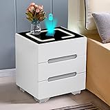 TUKAILAi Intelligenter Nachttisch mit Funktion des Mobiltelefons, kabelloses Aufladen, Nachttisch mit 3 Farben LED-Nachtlicht, 3 Schubladen, Kommode, Tisch für Schlafzimmer, Wohnzimmer, weiß-schwarz
