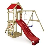 WICKEY Spielturm Klettergerüst FreeFlyer mit Schaukel & roter Rutsche, Outdoor Kinder Kletterturm mit Sandkasten, Leiter & Spiel-Zubehör für den Garten