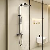 KOMIRO Duschsystem mit Thermostat, Duscharmatur Schwarz, Duschgarnitur Kopfbrause, Verstellbarer Duschstange, Regendusche mit armatur, Duschsäule Eckig