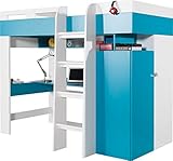 Hochbett/Etagenbett 'MOBI' mit Kleiderschrank, Schreibtisch, Kombination von Regalen und Schubladen - alles in einem (ohne Matratze). (Weiß/Türkis)