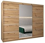 Kryspol Schwebetürenschrank Verona 2-250cm mit Spiegel Kleiderschrank mit Kleiderstange und Einlegeboden Schlafzimmer- Wohnzimmerschrank Schiebetüren Modern Design (Artisan Eiche)