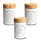 KHG Vorratsdosen Mehl Salz Zucker Behälter 600 ml, Küchen Aufbewahrung Steingut Keramik mit Holzdeckel aus Bambus, Landhaus und Vintage Stil, luftdichter Verschluss