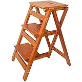 AYVADA Holzstufenleitern, Klapphocker, Massivholz-Leiterstuhl, multifunktionaler Holzleiterstuhl, Faltbare Regalleiter, 3 Stufen, für Heimdekoration und Bibliothek/Holzfarbe