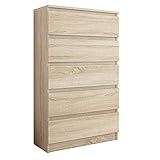 Framire R-5 Kommode in Sonoma Eiche, Kommode mit 5 Schubladen, Schrank für Schlafzimmer, Wohnzimmer, Bad, 120 x 70 x 40 cm…