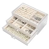 Jewellery Schmuckkästchen aus Acryl mit 3 Schubladen, Samt Schmuckkasten, Schmuckschatulle Mädchen, Schmuck Organizer Ohrringe, Ringe, Halsketten, Armbänder, Vitrine, Geschenk für Frauen, Beige