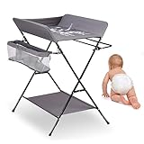 Homewell Baby Wickelkombi Wickelkommode, Mobile Wickeltisch Klappbar, mit Wickelauflage, Sicherheitsgurt, Ablagefächern, süßem Muster und Höhenangabe, Stabil und Bequem (Grau)