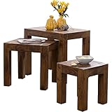 FineBuy 3er Set Satztisch Massivholz Sheesham Wohnzimmer-Tisch Landhaus-Stil Beistelltisch dunkel-braun Naturholz Couchtisch Natur-Produkt Wohnzimmermöbel Unikat Massivholzmöbel Echtholz Anstelltisch