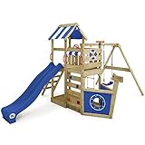 WICKEY Spielturm Klettergerüst SeaFlyer mit Schaukel & Blauer Rutsche, Outdoor Kinder Kletterturm mit Sandkasten, Leiter & Spiel-Zubehör für den Garten