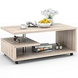 COSTWAY 3 Ebenen Couchtisch aus Holz, auf Rollen, Beistelltisch modern 105 x 60 x 46 cm (Natur)