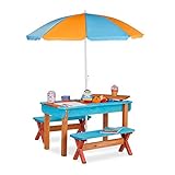Relaxdays Kindersitzgruppe Garten, Holz, Spieltisch Set aus Tisch, 2x Sitzbank & Sonnenschirm, Outdoor Kindermöbel, bunt