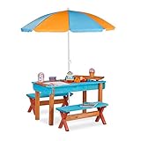 Relaxdays Kindersitzgruppe Garten, Holz, Spieltisch Set aus Tisch, 2x Sitzbank & Sonnenschirm, Outdoor Kindermöbel, bunt