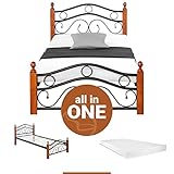 Homestyle4u 2269, Metallbett mit Lattenrost Matratze 90x200 cm Bettgestell Schwarz Braun Holz Einzelbett Tagesbett