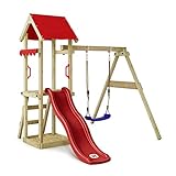 WICKEY Spielturm Klettergerüst TinyWave mit Schaukel & roter Rutsche, Outdoor Kinder Kletterturm mit Sandkasten, Leiter & Spiel-Zubehör für den Garten