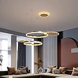 Moderne LED Pendelleuchte Kronleuchter Wohnzimmer Dimmbar mit Fernbedienung Kreativ Pendellampe Rund 5 Ringe Hängeleuchte Metall Acryl Hängelampe Esszimmer Lampe Wohnzimmer Leuchte 60W (A-golden)