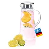 Wasserkrug Wasserkanne Krug 1,5 Liter, Glaskrug mit Filter und Deckel aus Edelstahl Getränkekaraffe für heißes u. kaltes Wasser Eistee Kaffee Milch Saft Glaskaraffe mit Griff