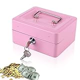 HERCHR Mini-Geldkassette mit Schloss, Geldkassette Spardose mit Schlüssel Metall-Sicherheitsbox mit 2 Schlüsseln, Doppelschicht 12 x 15 x 7.5CM(Rosa)