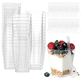 Desserttassen Plastik Dessertbecher mit Löffeln, 50 Stück Mini Desserttasse, Wiederverwendbar Desserttassen 150ml, Dessertbecher Set für Mousse Pudding Eiscreme Desserts Hochzeiten Geburtstag Party