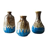 Keramikvase 3er-Set, Flambe glasierte Mini-Vasen für Heimdekoration, einzigartige Blumenvasen für Tisch, Küche, Wohnzimmer, Tafelaufsatz (blau)