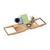 Relaxdays Badewannenablage, Bambus, 70-105 cm ausziehbar, Buchstütze, Weinglashalter, Badewannentisch, Natur/grau