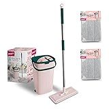 YORK Flachmopp HANDY mit Stiel und Eimer | aus Mikrofaser | saugfähig | für Bodenreinigung | ohne Wasserflecke | Rosa-grün | 2 Extra-Kartuschen | Eimer Kapazität: 6 Liter | Länge des Griffs: 120 cm