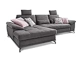 Cavadore L-Form-Sofa Castiel mit Federkern / Große Eckcouch mit Sitztiefenverstellung, Kopfstützen und XL-Longchair / 312 x 114 x 173 / Webstoff, Grau