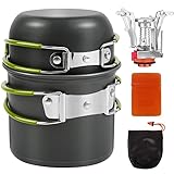 Shayson Camping Kochgeschirr mit Gaskocher, Outdoor Topf Geschirr Set, 1-4 Personen Tragbar Mini Aluminium, Faltbare Besteck Campingkocher für Picknick Kochen Wandern