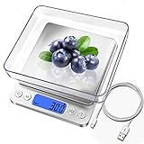 Digitale waage Küchenwaage, USB wiederaufladbar, 3 kg/0,1 g, Mini-Lebensmittelwaage, elektrische Kochwaage, wasserdichte Digitalwaage, LCD-Display, Edelstahl, für Zutaten, Schmuck, Kaffee