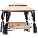 Outsunny Hollywoodschaukel Gartenschaukel Schaukel mit Seitenwänden 3-Sitzer Beige+Schwarz 256 x 172 x 248 cm