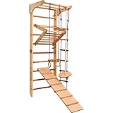 Kletterwand für Kinder–Indoor Klettergerüst aus Holz-Wand-Reck, Stange, Gymnastik-Ringe, Kletterseil, Abnehmbarer Balken, schwedische Leiter, Rutsche, 230