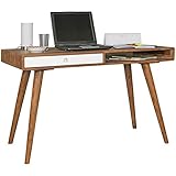 FineBuy Schreibtisch weiß 120 x 60 x 75 cm Massiv Holz Laptoptisch Sheesham Natur | Landhaus-Stil Arbeitstisch mit 1 Schublade | Bürotisch PC-Tisch