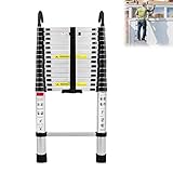 Aufun 4.4M Aluminium Teleskopleiter mit 2 Abnehmbarem Haken, Ausziehleiter, Rutschfester Schiebeleiter Sprossenleiter Teleskop-Design Mehrzweckleiter max 150 kg Belastbarkeit