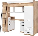 Hochbett mit Schreibtisch, Schubladen, Kleiderschrank und Bücherregal - SMYK L - (Eiche Sonoma/Weiß)