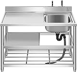 Gewerbliche Edelstahlwaschbecken, Freistehende Außenwaschbecken, tragbare Waschbecken mit Rückspritzschutz, Doppelregal und Werkbank für Waschküche, Garten, Garage, Camping usw