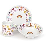 ABC Kindergeschirr Set rosa aus Porzellan | 3-teilig mit Teller, Schüssel und Becher | Alphabet Design Schulanfang | Made in Germany