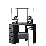 Panana Schminktisch, Eck-Make-up-Tisch aus MDF mit 3 Spiegeln, 5 Schubladen, 1 Kompatibilität und Hocker für Schlafzimmer, 109 cm (L) x 55 cm (B) x 140 cm (H) (schwarz)