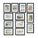 bomoe 12er Bilderrahmen Set Ocean – Fotorahmen Collage für 13x18 cm Bilder Holzbilderrahmen mit Passepartout - Bilder Collage Fotorahmen aus Holz & Kunststoffglas - Fotowand Bilder Set Schwarz